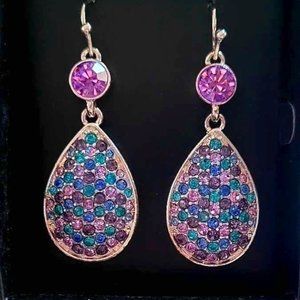 New AVON PASTEL PAVE EARRINGS Silver Tone Purple Blue Stones Teardrop Wire Hook